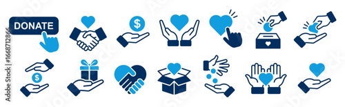 charity and donation icons set. donate, support, helping, sharing, giving, volunteer, care, assistance, community, togetherness, social aid, kindness, generosity, hope, friend, unity  etc concept