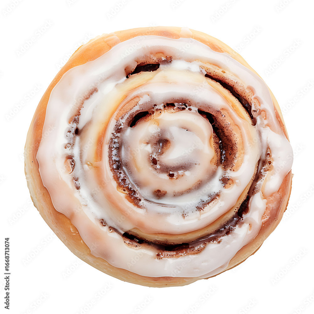 Fototapeta premium A top-down view of a freshly baked cinnamon roll with a generous swirl of icing.