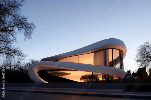 Futuristic architectural design modern house exterior in twilight setting