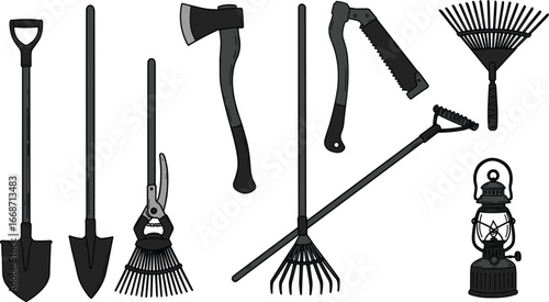 Garden tools silhouettes, shovel, spade, rake, axe, saw, pruning shears, lantern, outdoor equipment, farming gear, black vector illustration, gardening design