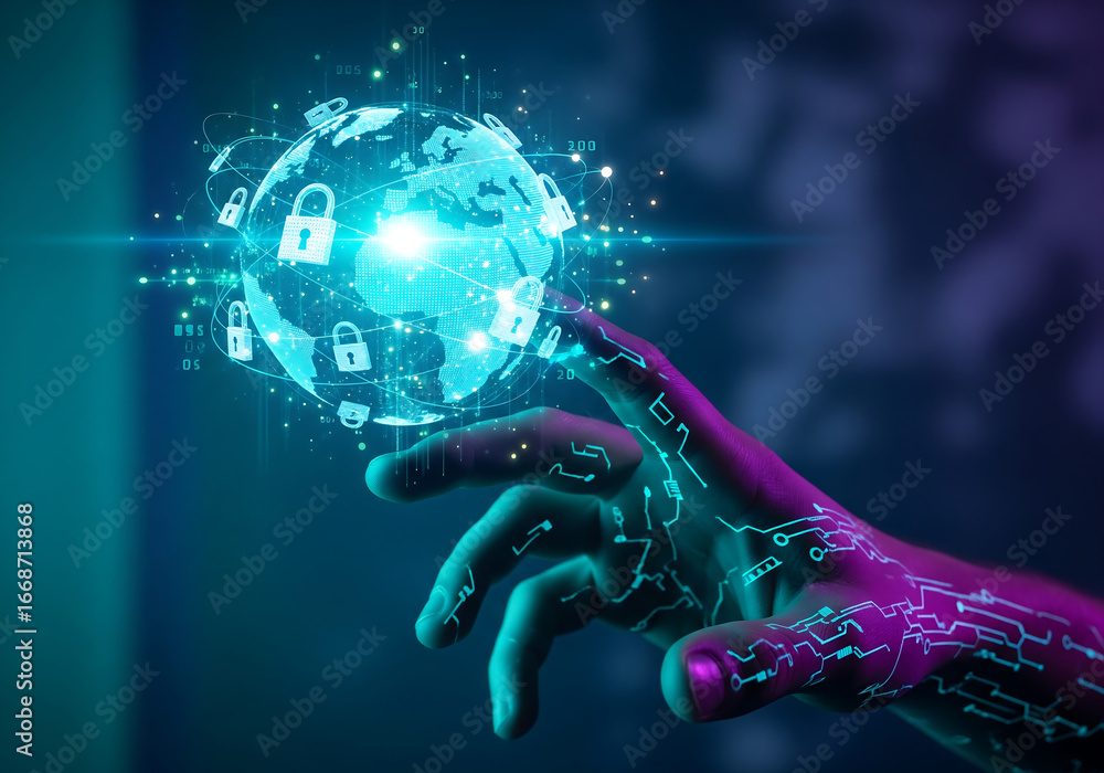 Naklejka premium Creative Concept of Global Cybersecurity Protection