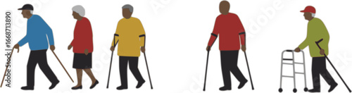 Group of elderly senior people with walking aids silhouette set large collection.
