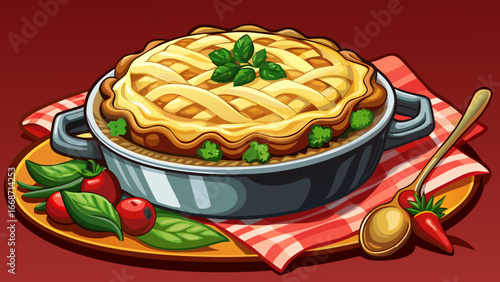   Very beautiful  Shepherd pie dish ready to eat on red cloth. Homemade meat pie with mashed potatoes vegetables. Delicious flavorful comfort food. Perfect meal for cozy 