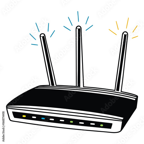 Wireless router with three antennas emitting signals, set against a minimalistic background