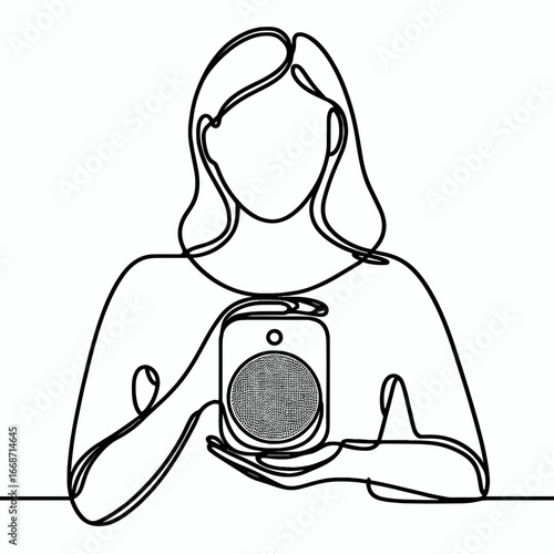 Woman holding a portable speaker in line art style, concept of Technology  