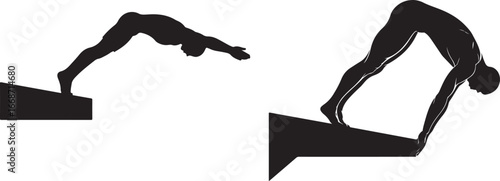 Silhouette of two divers in mid-air, one in a forward dive, the other preparing to jump