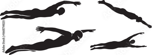 Silhouettes of swimmers in various strokes, showcasing dynamic movement and athleticism