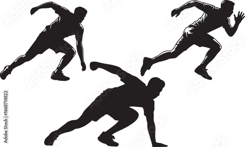 Silhouettes of three athletes in motion, running and in a starting position