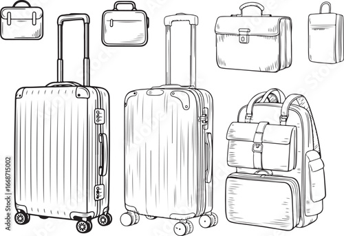 Collection of Hand-Drawn Luggage and Briefcases for Travel and Business