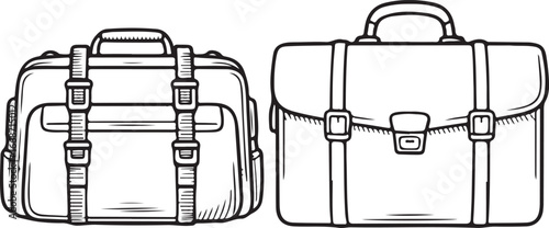 Two vintage style bags, a briefcase and a duffel bag, in black and white line art