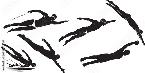Collection of Silhouettes of Swimmers in Various Diving and Swimming Poses