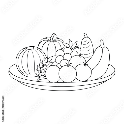 A beautifully arranged platter of assorted fruits including bananas, grapes, and melons on a table