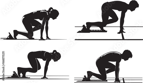 Four Silhouettes of Athletes in Starting Blocks on a Track