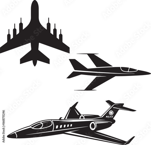 Silhouette collection of three distinct aircraft: bomber, jet, and police jet