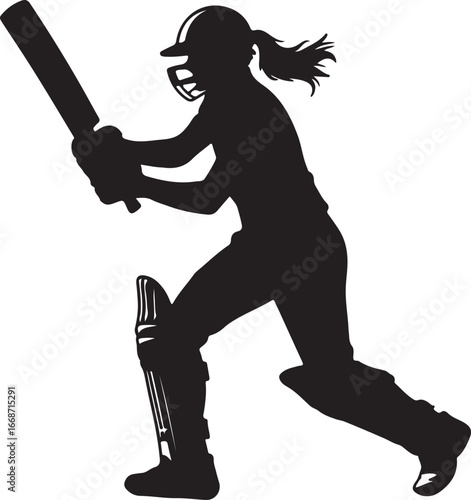 Silhouette of a female cricket player batting, ready to hit the ball