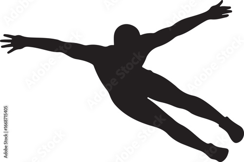 Silhouette of a person in a dynamic pose, arms outstretched, appearing to fly or dive
