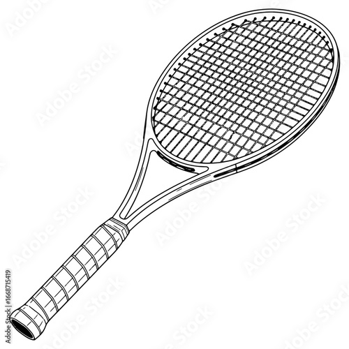 A clean black and white vector illustration of a tennis racket in an angled perspective, featuring a minimalist design on a pure white background.

