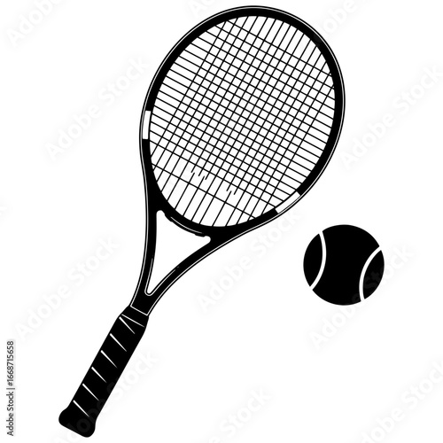 A minimalist black and white vector illustration of a tennis racket with a tennis ball, featuring clean lines on a pure white background.

