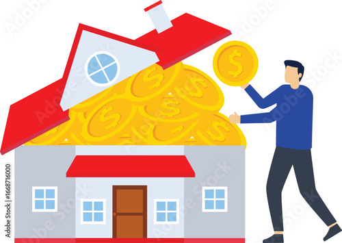 Real estate investment, the value of a home, a bank mortgage to purchase a home, a businessman taking money to stand next to a house with the roof open

