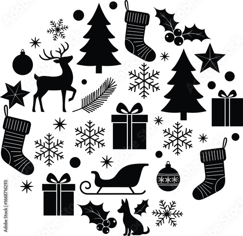 Christmas Holiday Vector Circle – Reindeer, Trees, Stockings, Holly, Stars, Sleigh, Gifts, Snowflakes, Ornaments, Dog Silhouettes