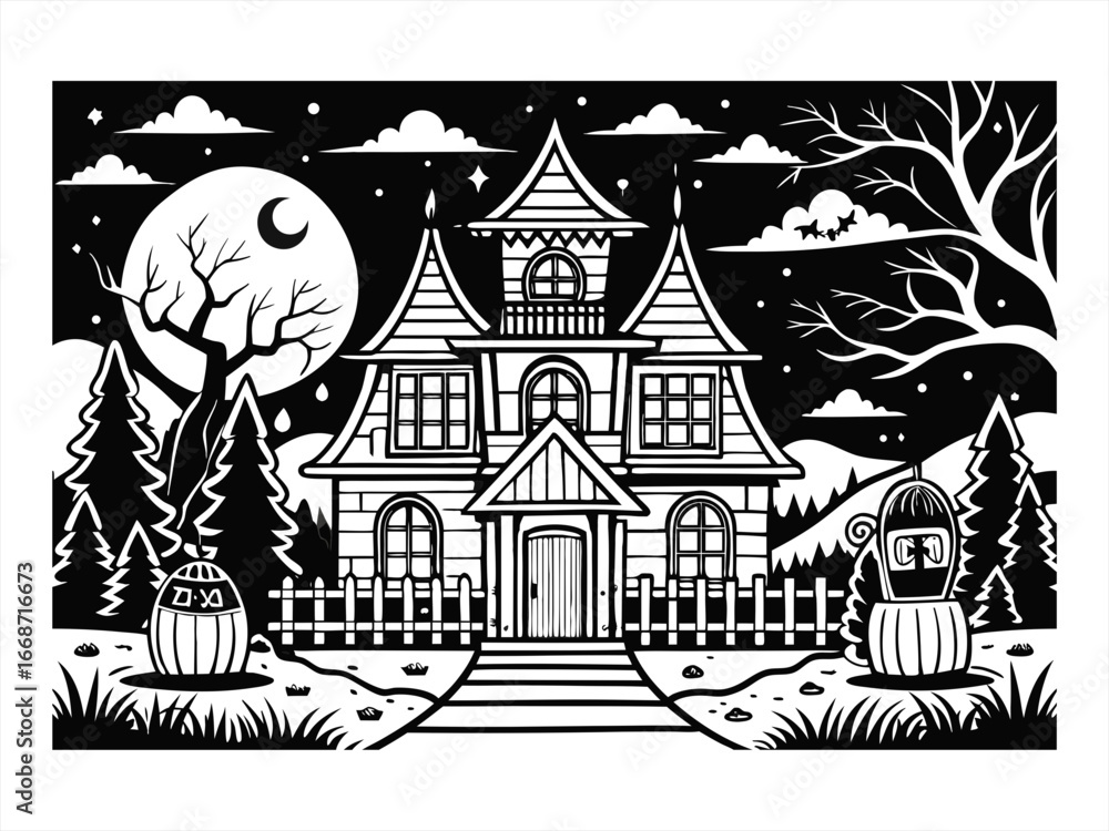 Fototapeta premium coloring page line art the helloween home black vector