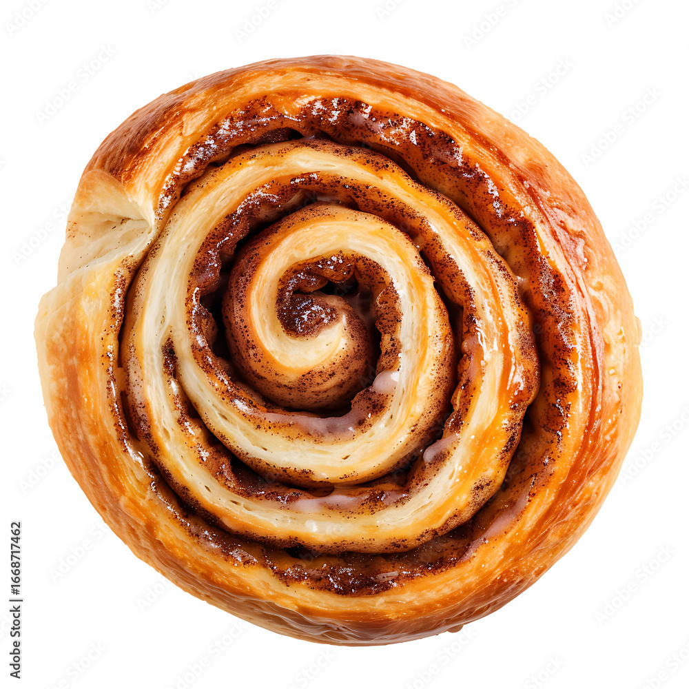 Fototapeta premium Top View of a Golden Cinnamon Roll with Swirled Filling