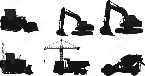 Construction machinery silhouettes, bulldozer excavator dump truck vector, tower crane illustration, heavy equipment design, earthmoving vehicles clipart, industrial machine art