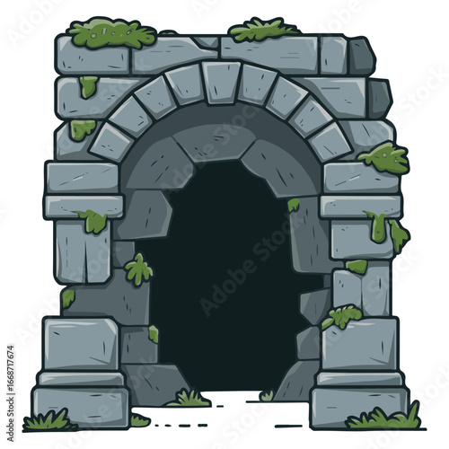 Ruined stone castle doorway with bricks moss isolated vector illustration on white background