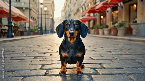 Black and tan dachshund standing on a cobblestone street, warm golden hour lighting, curious expression, soft shadows, detailed fur texture, cozy urban atmosphere
