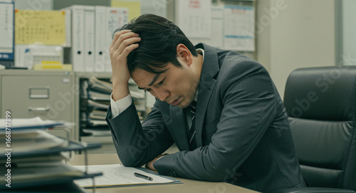 オフィスで仕事の悩みで深刻な表情で頭を抱え考え込むビジネスマン