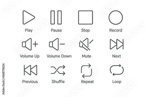 A collection of minimalist and simple geometric icons for media player controls and user interfaces