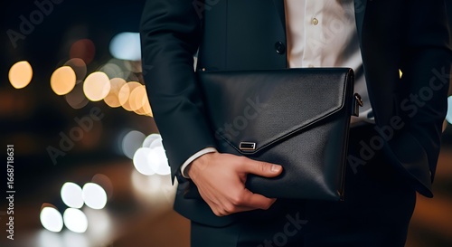 Businessman Holding Leather Clutch Bag in Night City Lights Stylish Formal Outfit
