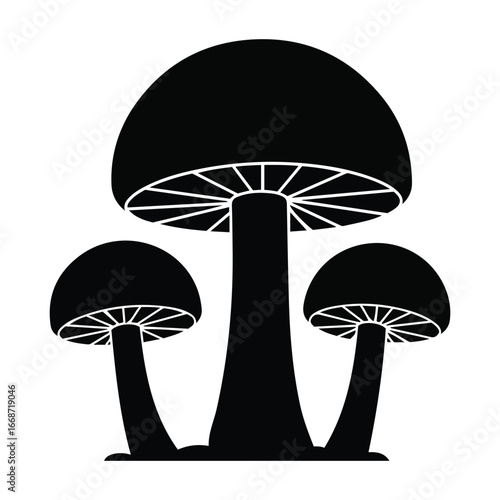 Group of three black silhouette mushrooms with detailed gills for forest or nature designs