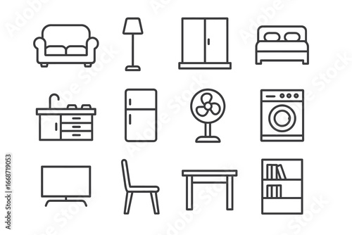 A set of minimalist line icons for home and interior design, featuring furniture and household appliances