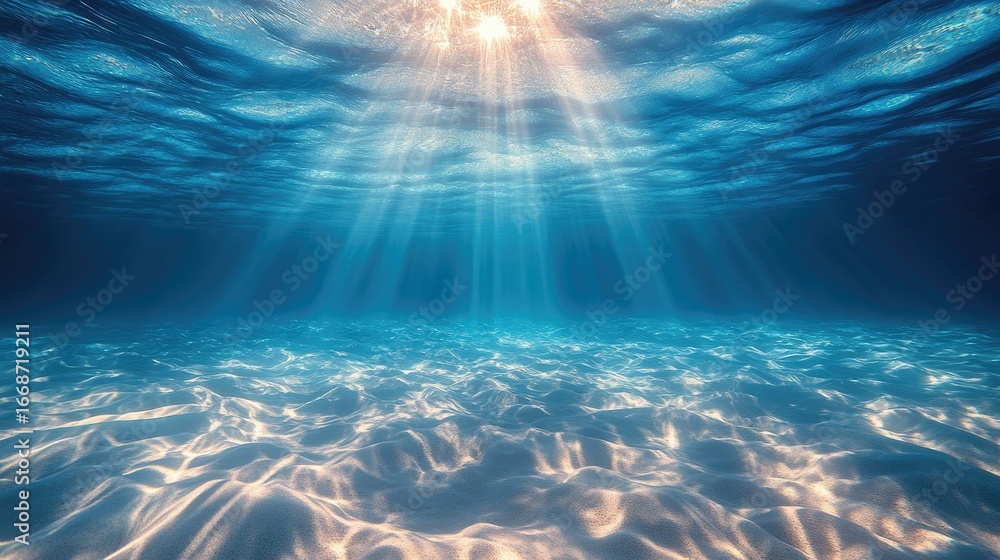 Naklejka premium Sunlight beams through tranquil, deep water, illuminating the sandy seabed.