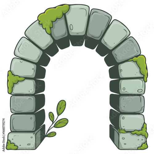 Stone castle arch door ruined moss grass cartoon style isolated vector illustration on white background