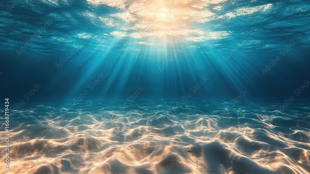 Fototapeta premium Sunlight beams through the turquoise water, illuminating the sandy ocean floor.