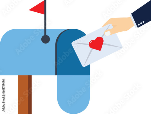 Human hand is taking out an envelope with heart sign from a mailbox. Flat vector illustration of postbox and a hand holding a romantic letter. Valentine day concept isolated on white background.
