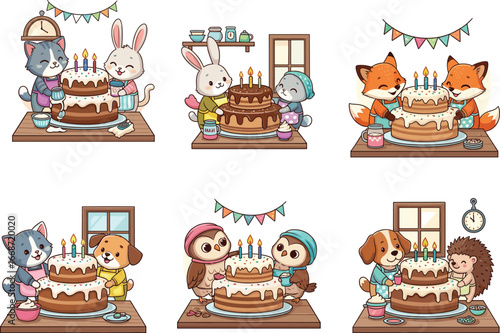Cartoon animals decorating cake, birthday celebration scene, cute fox, bunny, dog, sloth, hedgehog, kitchen fun, party dessert, baking time, adorable illustration, animal teamwork, happ