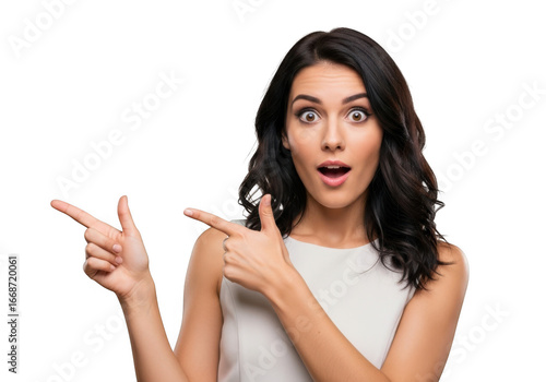 Surprised woman points left and right with wide eyes and open mouth expressing astonishment transparent background