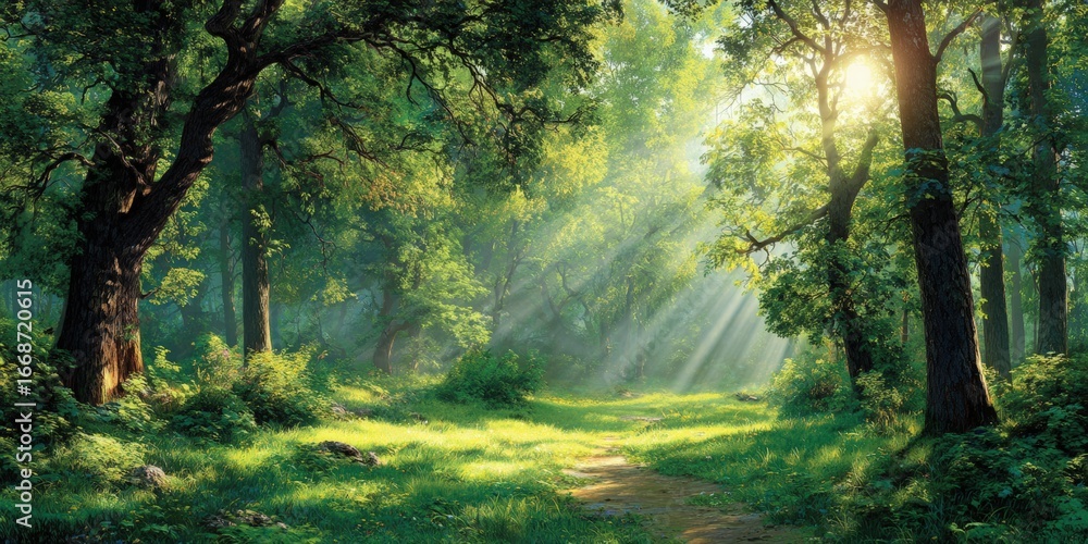Obraz premium Sunbeams through a lush forest