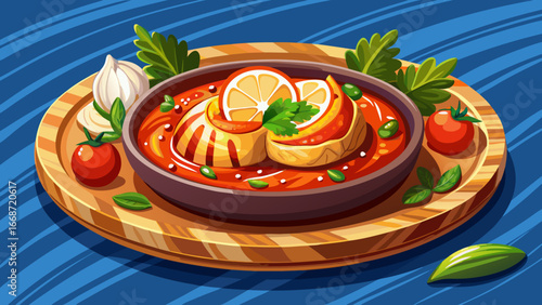   Very beautiful  Delicious serving of bacalao dish served on wooden plate. Spanish tapas with tomato sauce. Fresh parsley garnish. Traditional mediterranean cuisine meal, perfect for dinner in restau