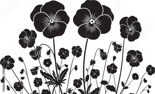 Black silhouette of pansy flowers and leaves on a white background floral botanical