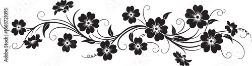Horizontal black floral border with swirling vines and flowers across white background