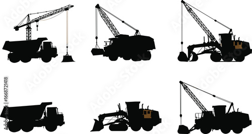 Silhouette vector set of crane trucks, dragline excavators, and dump trucks for construction, mining, heavy lifting, and earthmoving projects