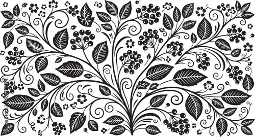 Intricate black floral and berry vine pattern with leaves and swirls on white background