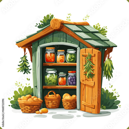 Vector illustration of small wooden food storage with jars of preserves and baskets of potatoes, isolated on white background