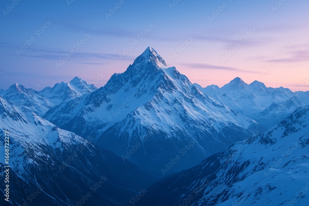 Fototapeta premium Snow covered mountain peaks at sunrise with pink sky