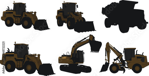 Wheel loaders, excavator, backhoe, and dump truck vector silhouettes for construction site, heavy equipment, mining, earthmoving, and industrial projects