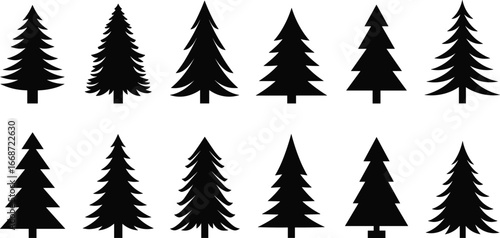 Minimalist pine tree silhouettes collection – vector black icons of evergreen trees for forest, winter, holiday, or nature-themed designs